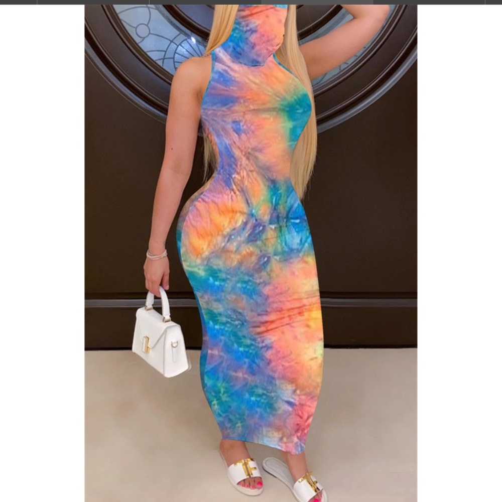 Tye-Dyed Stretch Sleeveless Face-Cover Maxi Dress